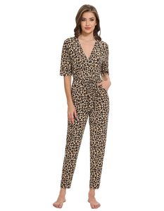 Liquidation de stock : Combinaison femme imprimé léopard, col en V, manches trois quarts, en viscose et coton doux, tenue décontractée, en stock, expédition immédiate - Product Image 1