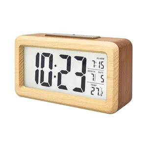 EMAF-reloj despertador Digital LCD de madera con batería, Sensor inteligente, luz nocturna, para dormitorios