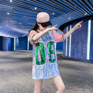 T-<span class=keywords><strong>shirt</strong></span> oversize ample streetwear hip hop # T-<span class=keywords><strong>shirt</strong></span> de <span class=keywords><strong>baseball</strong></span> Harajuku d'été pour femmes, couleur unie, paillettes brillantes, manches courtes - Product Image 2