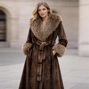 Garçon femmes hiver <span class=keywords><strong>long</strong></span> épais manteau en fausse fourrure <span class=keywords><strong>Trench</strong></span> Coat-Eco-Friendly col en V bouton avant doré vison velours vêtements d'extérieur - Product Image 1