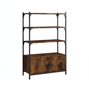 Libreria industriale in metallo con 4 ripiani e mobiletto contenitore in legno ingegnerizzato di rovere fumé per arredamento soggiorno - Product Image 1