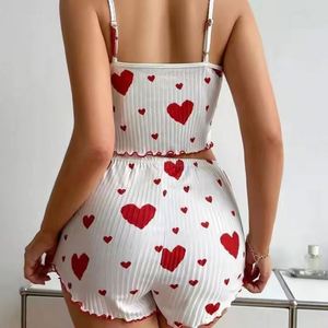 Love Heart <b>Bow</b> Print Cute Milk Silk Women's Sexy Summer Casual Breathable 2pcs Set Soft Vest and Shorts Pajamas Sleepwear - Product Image 4