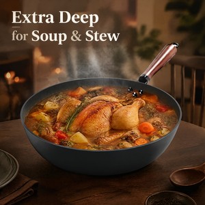 Deep Carbon Steel Chinese Wok Secure Riveted Wooden Handle Stir Fry <b>Pan</b> Extra Deep Non Stick Frying <b>Pan</b> Without Chemical Coating - Product Image 5