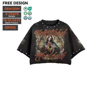 Camiseta de algodón vintage OEM al por mayor, oversize, con pedrería, efecto desgastado, gráfico DTG, corte holgado, bordes personalizados para hombre - Product Image 1