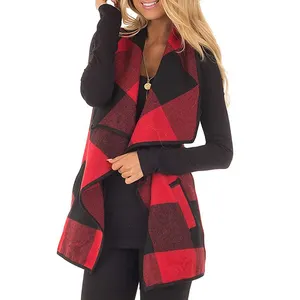 Casual Lapel Open Front Plaid Vest Cardigan plus size women's winter jackets & coats 2024