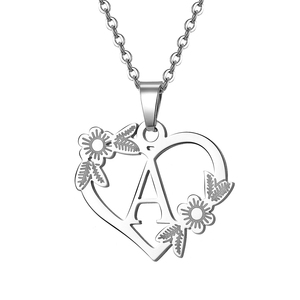 Collar de Moda con Colgante de Letra Inicial del Alfabeto con Forma de Corazón y Flor, en Acero Inoxidable, Color Oro y Plata, para Mujer - Product Image 6