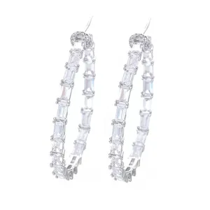 Trend Fashion Clear Color Rectangle Cut Cubic Zircon Crystal Earrings Half Round Bamboo Hoop Earrings for Women Costume Jewelry