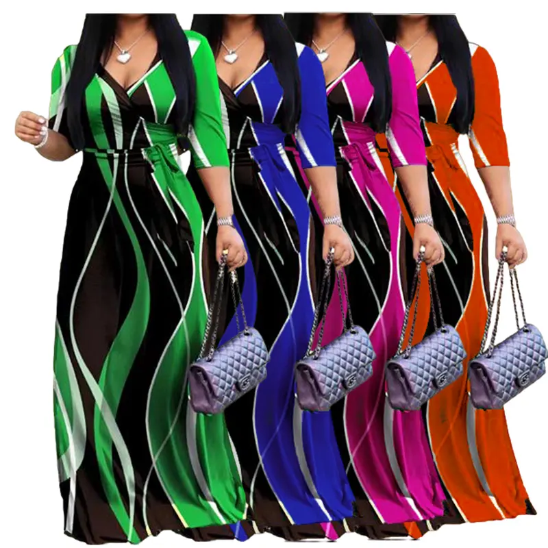 Oversize Women's Printed Long Dresses Spring Autumn Streetwear V-Neck Ankle Dress Half Sleeve Belt Loose Striped Clothing S-3XL