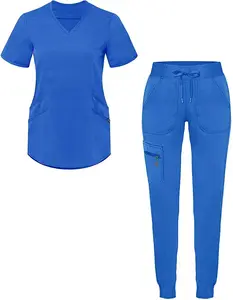 Grosir wanita Jogger peregangan perawatan rumah sakit seragam medis Set Scrub Logo kustom Scrub seragam Set modis Woven