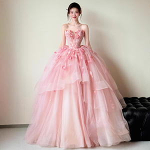 Vestido de noche de tul rosa, sin tirantes, largo hasta el suelo, vestido de fiesta con apliques florales, vestido formal para fiesta de boda - Product Image 1
