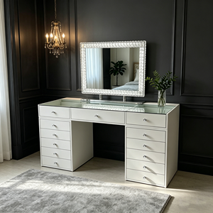 Moderna Scrivania Bianca con <span class=keywords><strong>Specchio</strong></span> in Cristallo e 13 Cassetti, Set Tavolo <span class=keywords><strong>da</strong></span> Trucco per <span class=keywords><strong>Camera</strong></span> <span class=keywords><strong>da</strong></span> Letto - Product Image 4