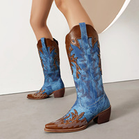 Bottes de cowboy tendance pour femmes, style western, marron et blanc, brodées, à bout pointu, talon en bois, hauteur genou, pour l'extérieur