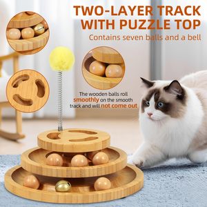 Pista de Bolas Giratoria para Gatos de Madera Natural para Interiores con Parte Superior de Rompecabezas, Torre de Bolas Interactiva de 3 Niveles para <span class=keywords><strong>el</strong></span> Enriquecimiento Mental del Gato - Product Image 2
