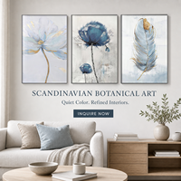 Seni Dinding Kanvas Triptych Bunga Botani Biru dengan Bulu untuk Ruang Tamu, Kamar Tidur, Hotel, Interior Modern Skandinavia