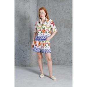 Lustrin Women's Patterned <b>Two</b>-<b>Piece</b> Set with Shorts - Stylish Beige <b>Linen</b> Look Polyester Summer Outfit for Wholesale - Product Image 5
