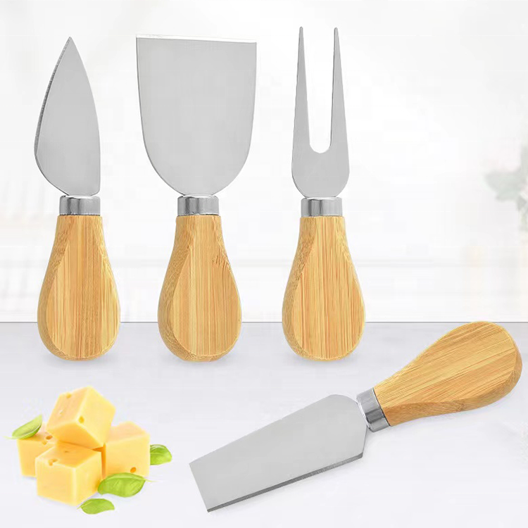 Набор из 4 ножей для сыра из нержавеющей стали с деревянной бамбуковой ручкой