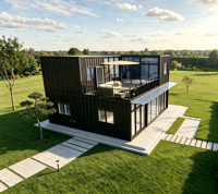 Maison Modulaire Préfabriquée Rectangulaire en Panneaux Sandwich Cannelés Verticaux Noir Mat, Cabane de Vacances Intégrée avec Salon, Hôtel