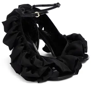 Designer High Heel 2023 Fashion Black Satin Ruffled Asymmetrical Sandals Anmairon Special Heel Dress Sandals