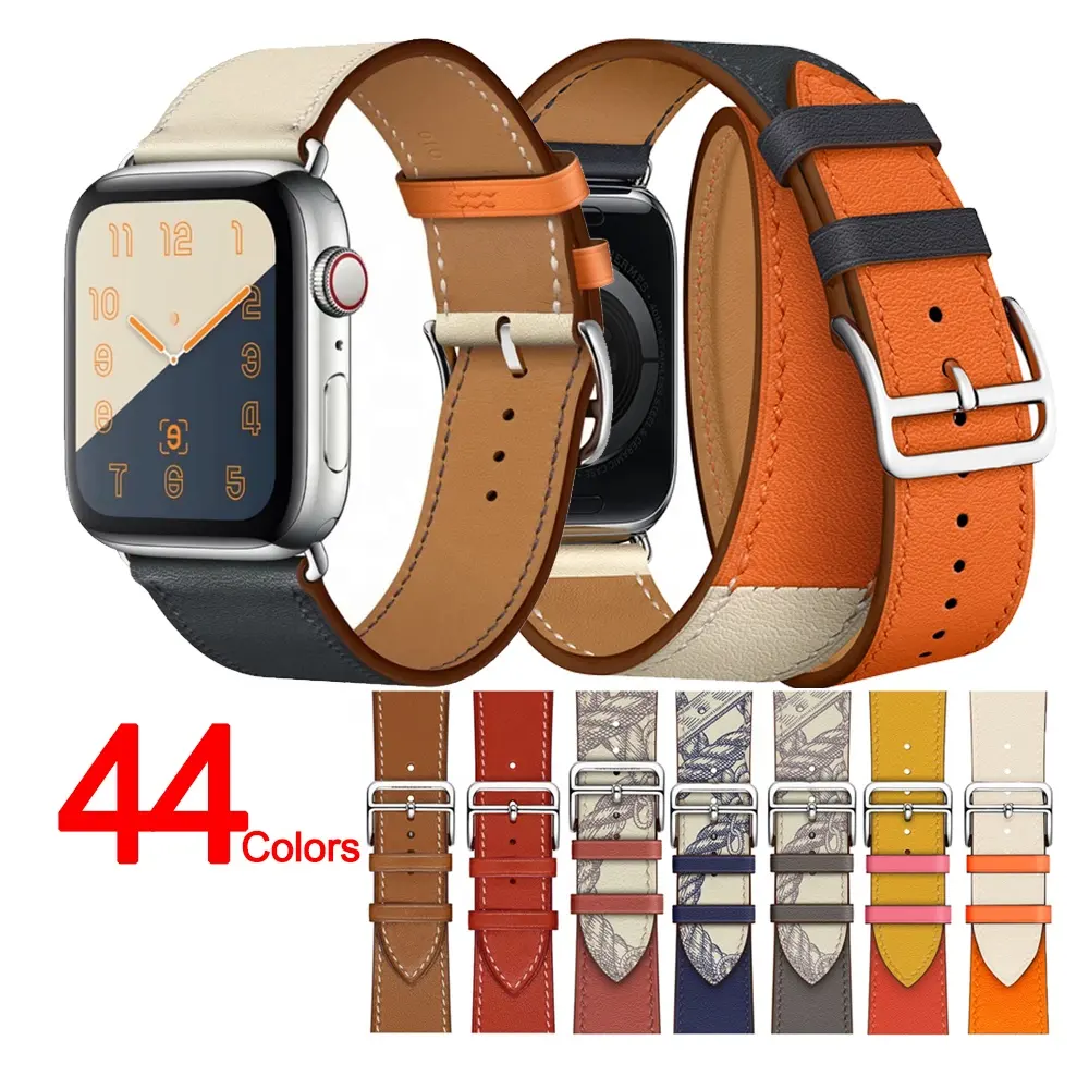 IVANHOE Strap For Apple Watch Band 6 SE 5 4 44mm 40mm Double Circle Genuine Leather For iWatch 3 2 Bracelet Watch Accessories