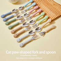 Ensemble de fourchettes et de cuillères en silicone et acier inoxydable sans BPA en forme de patte de chat pour tout-petits, poignée antidérapante, vaisselle lavable pour enfants