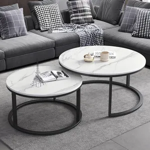 现代北欧风格圆形黑白大理石客厅咖啡桌，带金属桌腿