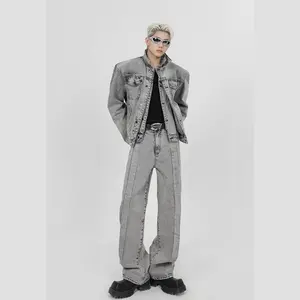 Streetwear setelan Denim pria grosir kustom Digital mode bahu jaket Denim empuk mantel dan Baggie Jeans set untuk pria