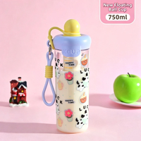 Bouteille d'eau portable en plastique avec paille et lanière, motif dessin animé mignon, anti-fuite, sans BPA, pour adultes et étudiants, usage quotidien, camping