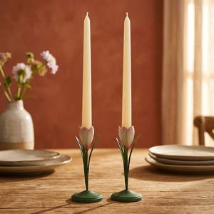 Juego de 2 portavelas con forma de tulipán, decoración para el hogar y bodas de metal verde, duradero - Product Image 5