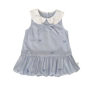 Vestido de Verano para Niña, sin Mangas, con Rayas Azul Claro, Lazo Bordado, Cuello Peter Pan y Dobladillo Abullonado - Product Image 5