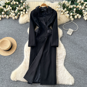 Abito Trench Vintage Francese da Donna, Doppiopetto con Cintura, Maniche Lunghe, Tinta Unita, Midi, Elegante e Casual - Product Image 1