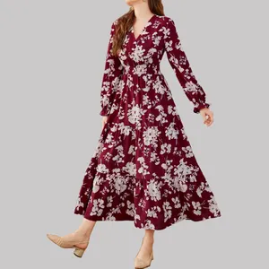 Party Wear V-neck Tiered Dress Elastic Waisted Custom Blossom Printing Long Sleeve Women's Dresses For Special Occasions