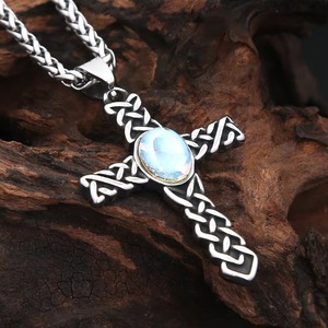 yunnique Stainless Steel Men's <b>Cross</b> Pendant Necklace With Blue Stone Bezel Setting Geometric Design Gift Jewelry - Product Image 3