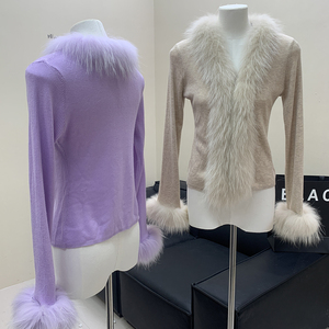 Áo khoác cardigan len nữ dáng ôm cổ V thanh lịch, viền lông chồn thật, thời trang mùa thu - Product Image 4
