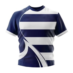 Ensemble d'uniformes de rugby rayés bleu marine et blanc personnalisés, manches courtes, évacuation de l'humidité, impression sublimée, unisexe adulte, toutes saisons - Product Image 4