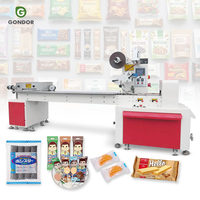 Automatische horizontale tafelverpakkingsmachine voor zakjes zeep, geschikt voor kleine verpakkingen van servetten en tissuepapier.