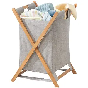 Household Essentials Folding Bamboo X Frame Laundry Basket with Handles for Bedroom and Bathroom