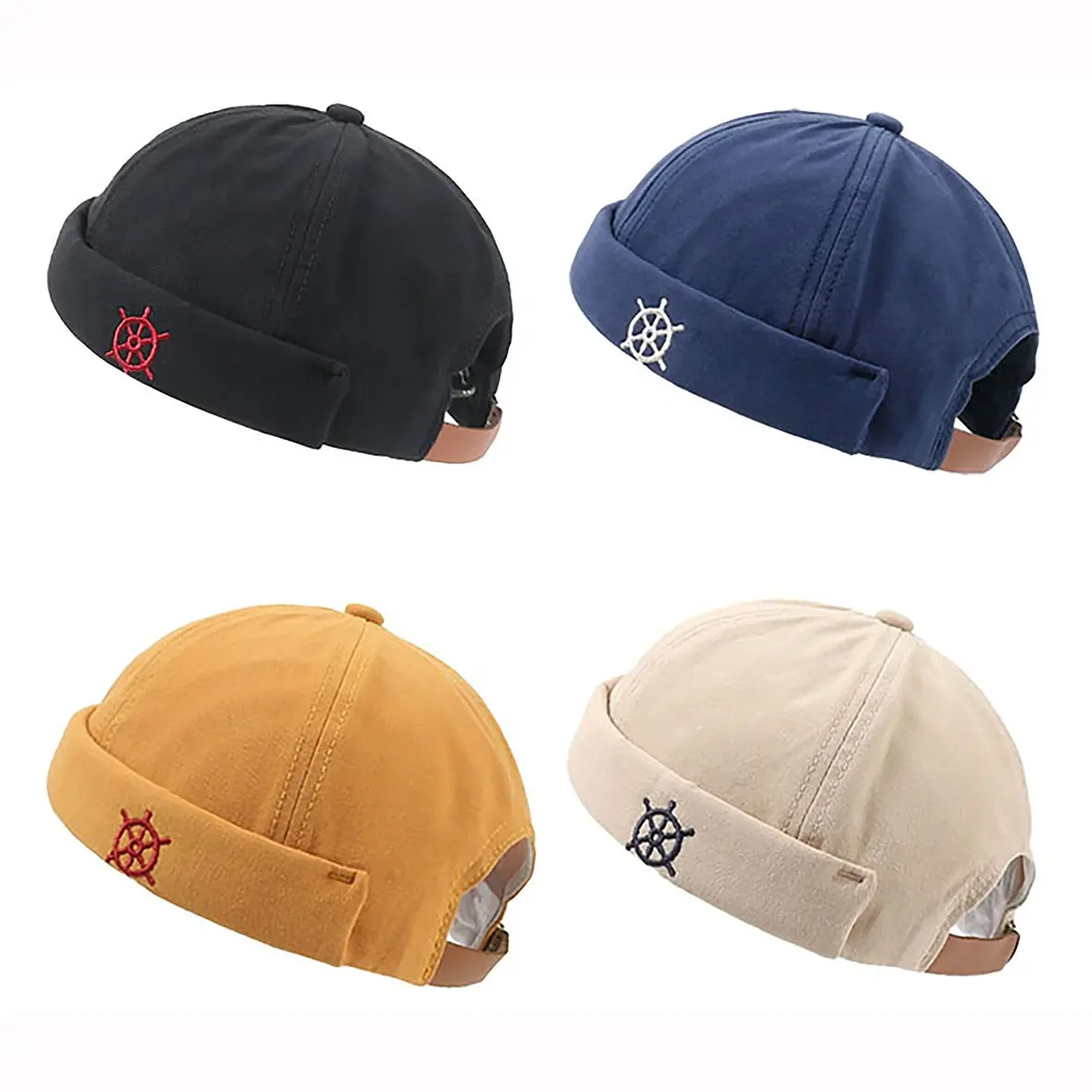 Phụ Nữ Tùy Chỉnh Trẻ Em Snapback Thêu 6 Bảng Điều Khiển Skull Skully Brimless Baseball Cap Hat Với Dây Đeo Da Mà Không Có Vành Visor