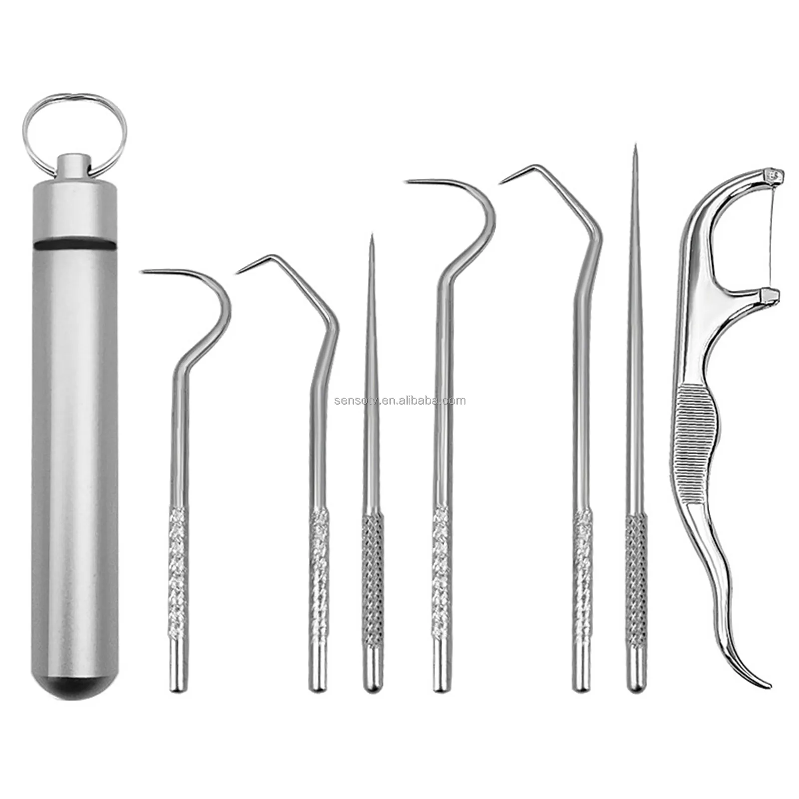 7 buah pengikis gigi logam portabel dapat digunakan kembali kait tusuk gigi Kit pembersih dengan pemegang tusuk gigi tusuk gigi baja tahan karat tusuk gigi