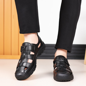 Men's Leather Cross Strap Sandals Breathable Hollow Out Soft Sole Slip On Driving Shoes Black Brown 9016 - Product Image 3