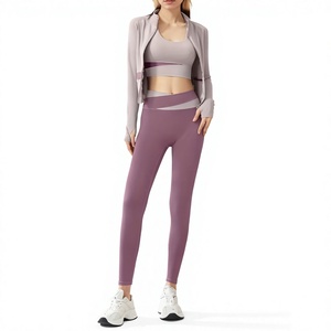 Women Sporty 2 Piece Set Knitted Crop <b>Top</b> Full Length Pants Color Blocking Breathable Spandex Cotton Pockets Regular Fit All - Product Image 1