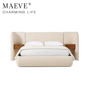 Cama Moderna con Cabecera Tapizada en Lino, Lujosa con Mesita de Noche Integrada, Camas de Madera Sólida para Dormitorio de Villa MV-WE-26 M - Product Image 1