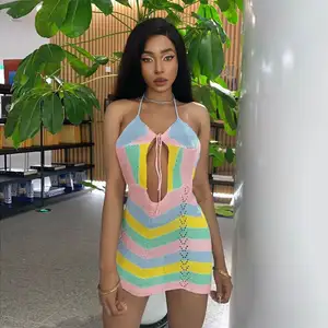 Tubuh musim panas Con Mini rajutan mewah wanita Sweater seksi Halter warna-warni baju renang pantai Crochet Gaun