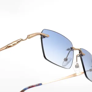 2024 New Fashion Custom Diamond Cut Rimless Sun Glasses Trendy Metal Shades Gradient Lens Frameless Sunglasses