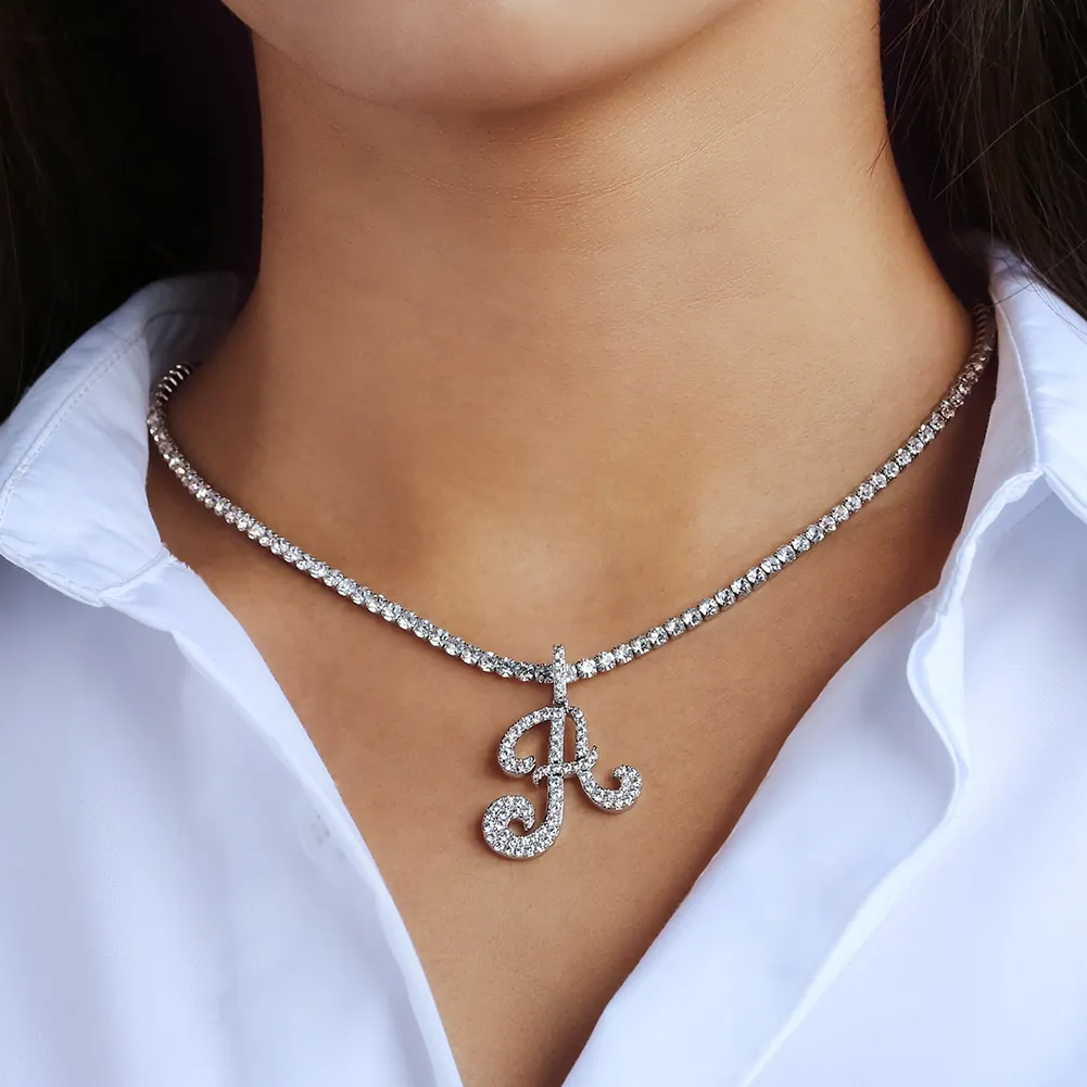 KRKC 14K Gold Plated Iced Out Initial Pendant Chain Personalized Diamond Name Letter Initial Necklace for Women