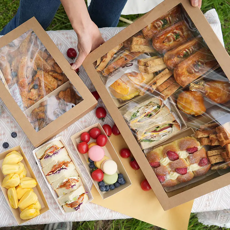 पिकनिक पार्टी ब्रेड कुकी सैंडविच फल क्राफ्ट पेपर मिठाई बॉक्स खिड़की के ढक्कन के साथ खानपान पैकेजिंग चराई बॉक्स