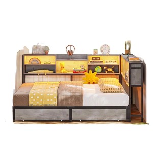 Cross-border floor-standing metal wrought iron <b>bed</b> frame with <b>LED</b> ambient lighting, drawer storage, modern minimalist corner - Product Image 5