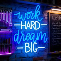 Neonawall Work Hard Dream Big, enseigne au néon LED, bleu et blanc, décor mural pour bureau, cadeau idéal pour les entrepreneurs