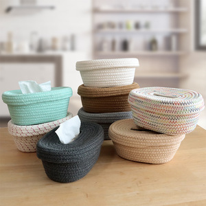 Cesta de almacenamiento de cuerda de algodón de estilo japonés simple, caja de pañuelos ovalada multiusos, cubierta superior e inferior tejida ecológica - Product Image 3