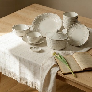 <b>Ceramic</b> Dinner Plates <b>Set</b> with Embossed Design Vintage Cup and Plate <b>Set</b> Tableware for Wedding - Product Image 1