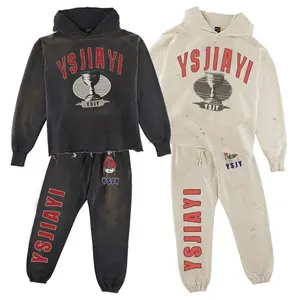 Custom 100% Cotton Sweat Suits Two Piece Oversized Baggy Tracksuit Thick Print Raw Hem Acid Wash Men Hoodies And Sweat Pant Sets